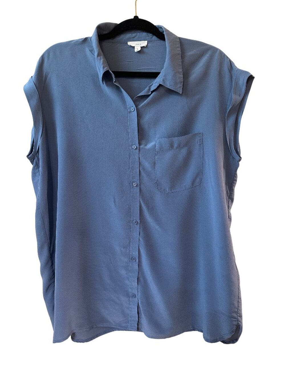A Loves A 100% Silk Blouse Shirt Blue Cap Sleeve Button Up Pocket Size L